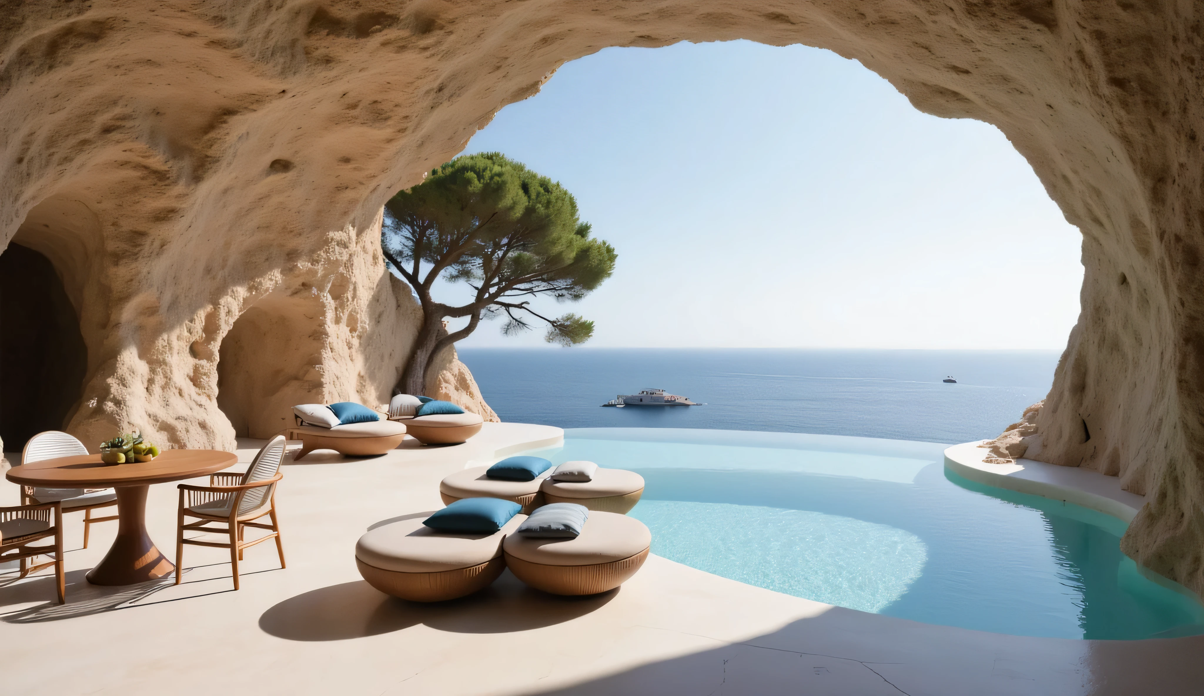 This breathtaking image captures a luxurious and secluded retreat masterfully integrated into a natural seaside cave.

The Setting:
The scene is set within a spacious natural grotto, with the rough, textured rock of the cave forming the walls and a dramatic, organic ceiling. The cave's mouth opens up to a stunning coastal scene, revealing an expansive, calm blue sea under a bright, sunny sky. The light-colored stone of the grotto contrasts beautifully with the vibrant blues of the water and the greens of the surrounding foliage.

The Pool and Lounge Area:
At the heart of the grotto lies a stunning, freeform swimming pool. The water is a brilliant turquoise, crystal-clear and inviting, with sunlight illuminating its depths. Its edges are crafted from natural stone, blending seamlessly with the cave floor and surrounding rock formations.

Tucked into a cozy, shaded alcove of the cave, right at the pool's edge, are large, round, cushioned daybeds. These plush lounges in a neutral beige fabric with blue and white accent pillows offer an inviting spot for relaxation in comfort and style.

The Dining Area:
To the left, in a sun-dappled area near the cave's opening, is an elegant outdoor dining set. It features a round wooden table with a slatted base, accompanied by chic rattan chairs with comfortable white cushions. The table is casually set, suggesting a leisurely breakfast or lunch with a view.

Natural Elements and Atmosphere:
Nature is the dominant design element. A large, leafy tree grows from the rocky terrain, its branches reaching over the dining area to provide natural shade and frame the picturesque view of the sea. The seamless integration of the pool, stylish furniture, and the raw, unrefined beauty of the cave creates a unique and harmonious environment.

Overall Impression:
The image evokes a sense of ultimate privacy, tranquility, and exclusive luxury. It is a perfect fusion of sophisticated, comfortable design and the raw, majestic power of nature,