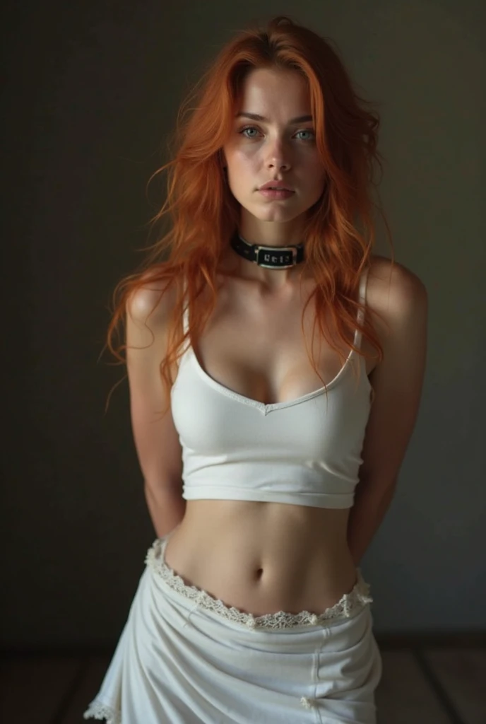 ((full body shot)),A photo of a seductive woman with loose red hair., bored, She's wearing a bandeau top and dress pants.., , mask, (textured skin, skin pores:1.2), (moles:0.8), (imperfect skin:1.1), intricate details, Goosebumps, perfect face, (light freckles:0.9), ((photorealistic):1.1), (raw, 8k:1.2), Dark, Muted colors, blackboard atmosphere, RAW candid cinema, 16mm, Portra 400 color graded film, color notable, ultra realistic, textured skin, notable detailed students, realistic and dull skin noise, visible skin detail, skin fluff, Dry Skin, filmed with cinema camera, detailed skin texture, (blush:0.5), (Goosebumps:0.5), subsurface dispersion