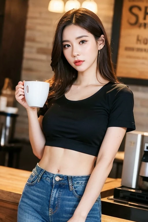 top-quality、hight resolution、detaileds、a beauty girl、Short sleeved shirt、No bottoms、((Show me your sexy panties))、Inside the coffee shop、