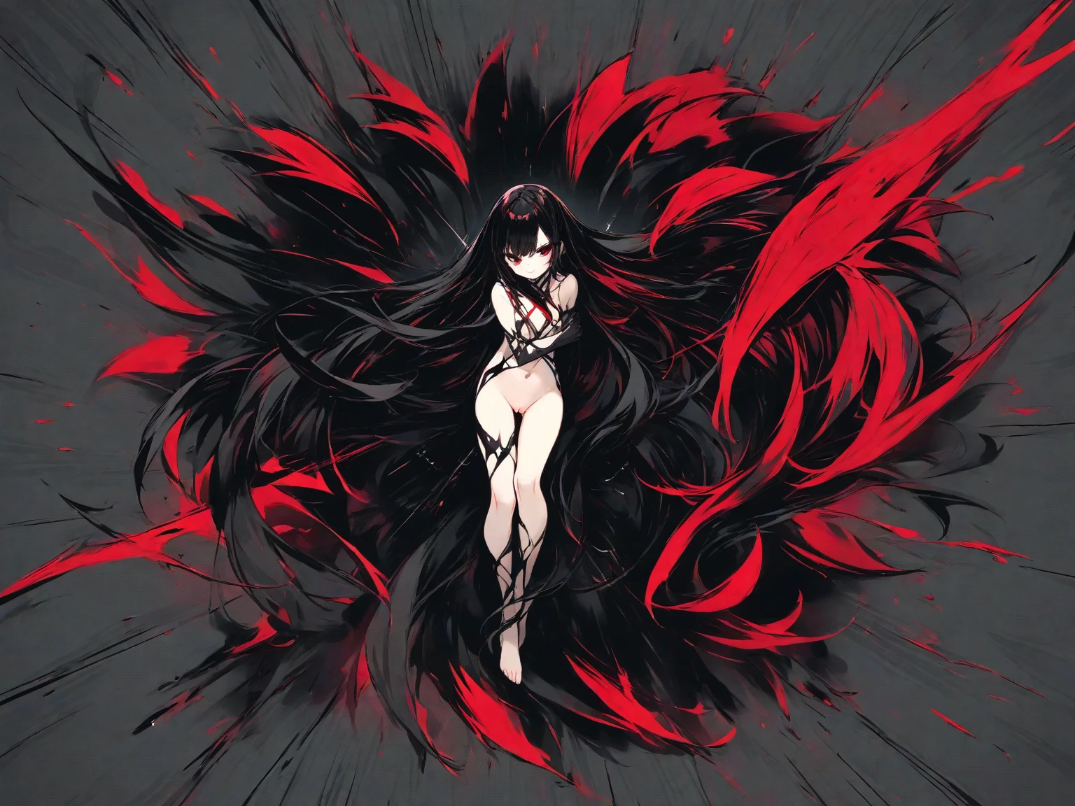 Yamamura Sadako has long hair, red eyes, hair covering eyes, red face, white clothes, smile, big breasts breast enlargement, full-body shot at home, looking into the camera, perfect illustration, ultra-detailed, HDR, vibrant colors, soft lighting official art