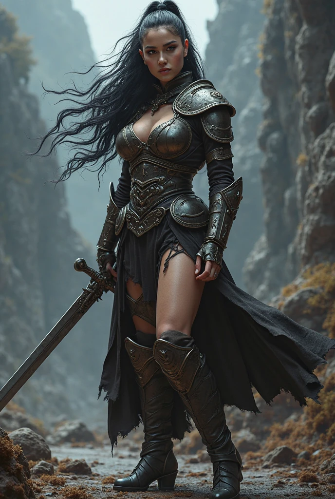 giant woman with battle sword in hand in a ancient street, low angle,Panty shot、Woman warrior、Leg spread