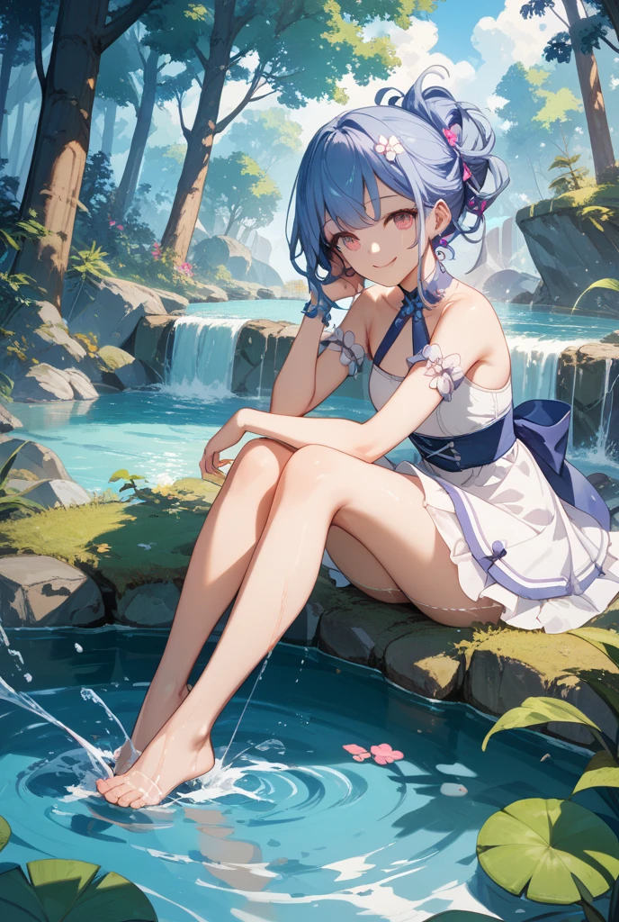((Highest quality)), ((masterpiece)), ((detailed)), (4K), 1girl, 独奏, pixie cut, indigo blue hair, sarong, 比基尼, large breasts, squatting, open legs, (from above), looking up, looking at viewer, face focus, (wet)