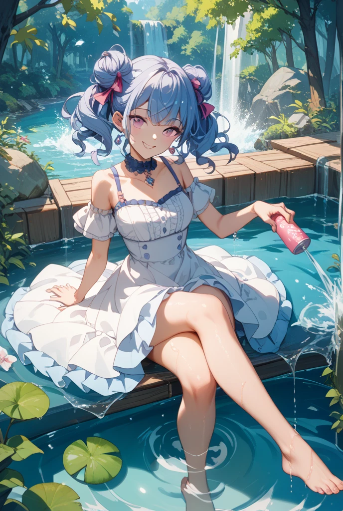 ,((Masterpiece)), ((Best Quality)), ((Super Detail)), ((Cute)),((Illustration)),(Cute:1.5),((High Detail)),((Super Detail)),(((Delicate Face)),Anime Screencap, Kyoto Animation Style, "Kyoto Animation" Style Anime Illustration, Best Quality, (Cute: 1.1), 8K, (High Resolution: 1.2), Incredibly ridiculous: 1.3, incredibly fine illustration, pretty girl, (heterochromia, light blue eyes and light green eyes), standing figure, happiness, :d, masterpiece, best quality, absurdity, high resolution, official art, solo, ((pale pink hair, braids on the sides, cute flower ribbon)), (pink panties, pink bra), Clear skin, lipstick, eyeshadow, big breasts swaying: 1.8), dressing room, public bath