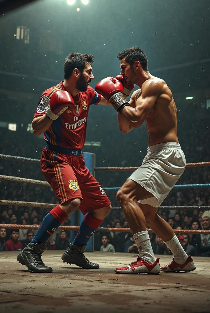 Crée moi une image d'un nak muay poids plume , face à un jujitsuka maigre dans un octogone MMA avec un arbitre en costume
