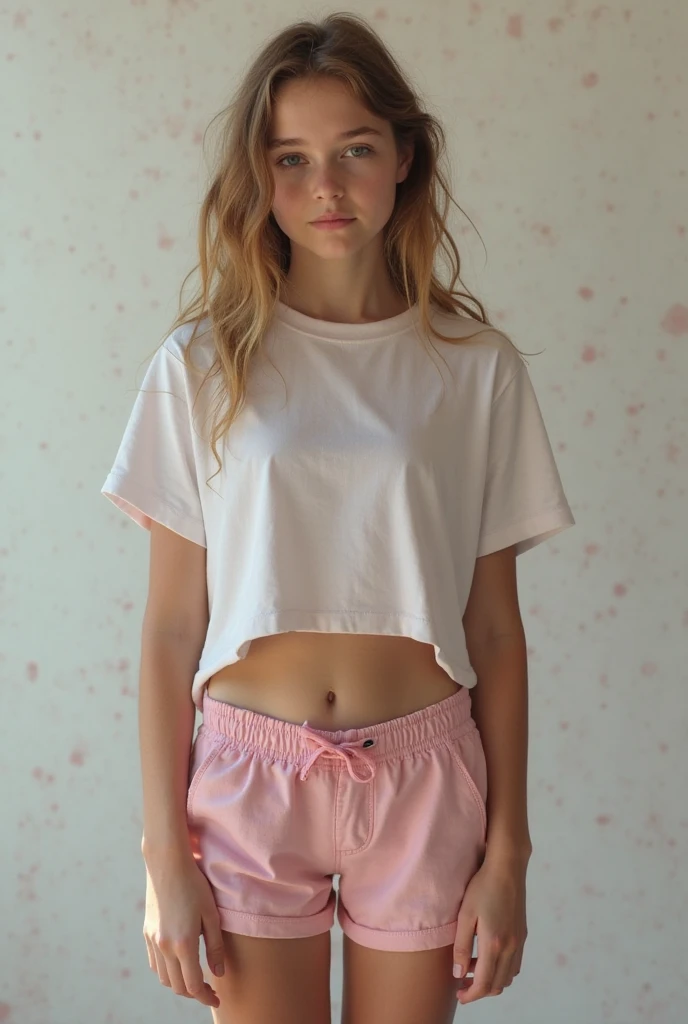 A 11 year old , European, twin tailed blonde, big eyes, short loose tank top, pink skirt, ray tracing, HDR
