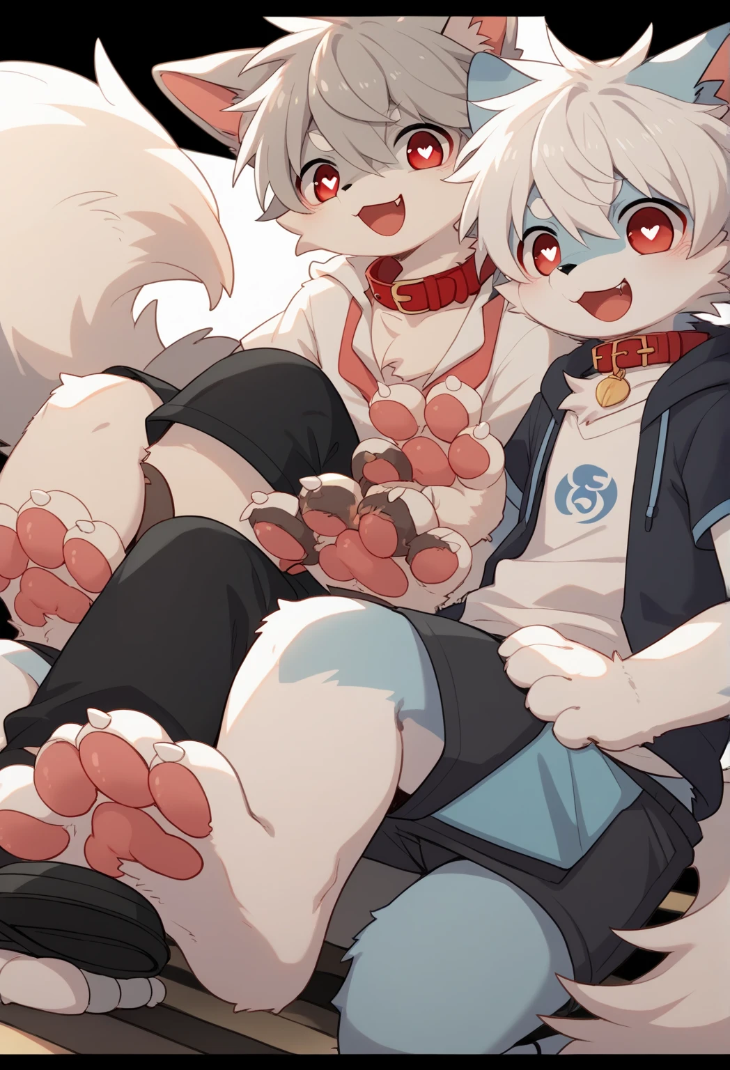 Dynamic Angle , Two shaggy white fox cubs ,Furry, low length , Realistic fur , Round face, Round eyes , A neat hair tie , At Inari Shrine , Naked Boy,Naked,Naked Viewers, Completely naked,Feeling embarrassed,Embarrassed expression, Embarrassing position,hand between legs,3 fingers,3 toes,anatomically correct,