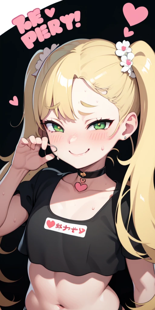 1 girl, heart-shaped pupils, (blond hair), (green eyes), (blush:1.1), Upper body, trembling, Sweat, Sweatdrop, heart, (speed line:1.1), ((Flat milk)), ((heavy breathing:1.3)), like, heart, bratty, mesugaki expresion, brat, lolita, Happy, smile,Yandere, long hair, (pigtails), ((LOLI)), (red bows on hair), ((((white crop top t-shirt)))), (short denim shorts), denim shorts, simple pink background, smile, midriff, ((mesugake expression at lens)), ((white crop top t-shirt)), oversized t-shirt, (midriff), ((pink background)), ((seductive pose)), (one arm on hip), (((laughing))), (((young))), (((loli)))