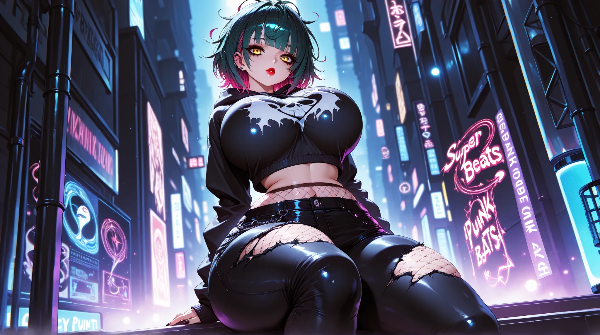 (masterpiece, best quality:1.4) anime girl in black latex posing on the street, female cyberpunk anime girl, oppai, wearing latex, digital cyberpunk anime art, black shiny latex, visible armpits, seductive anime girl, pony tail behind, wide open legs, in pain, ahegao face, squat