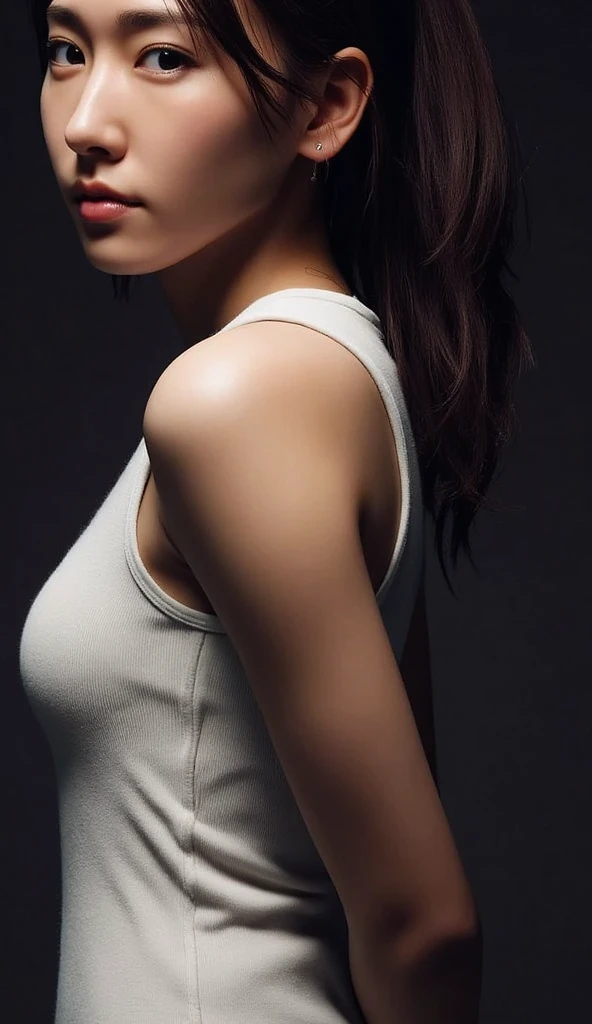 (close-up, editorial photograph of a 21 year old woman), (highly detailed face:1.4) (smile:0.7) (background inside dark, moody, private study:1.3) ass pov, by lee jeffries, Nikon D850, film stock photograph ,4 kodak portra 400 ,camera f1.6 lens ,rich colors ,hyper realistic ,lifelike texture, dramatic lighting , cinestill 800, cosplaying as tifa lockhart, dark eyes, long black hair, hair bangs, (white tank top:1.5), suspenders, earrings (huge breasts) cleavage, combat gloves, huge breasts,Low-cut,Cleavage