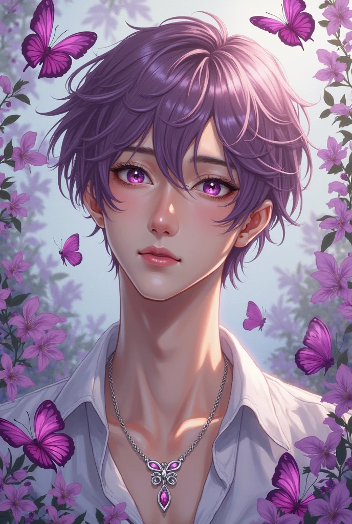 (Realistic style)1 man, young man, focus alone, adult, young adult face, short pink hair wavy hair, purple eyes, black tank top, in a forest, Realistic, dynamic pose Realistic, Detailed and correct  structure, elegant, attractive, slim, slightly marked, many flowers and multicolored butterflies in the background. Add many more flowers and butterflies, make the background full of flowers and butterflies,  the hair from his , the boy is hairless. eliminate even more hair from his , make sure there is no hair left, make his  smooth, make his necklace a butterfly, improve the image much more, add more detail, eliminate the mark of the  on the shirt