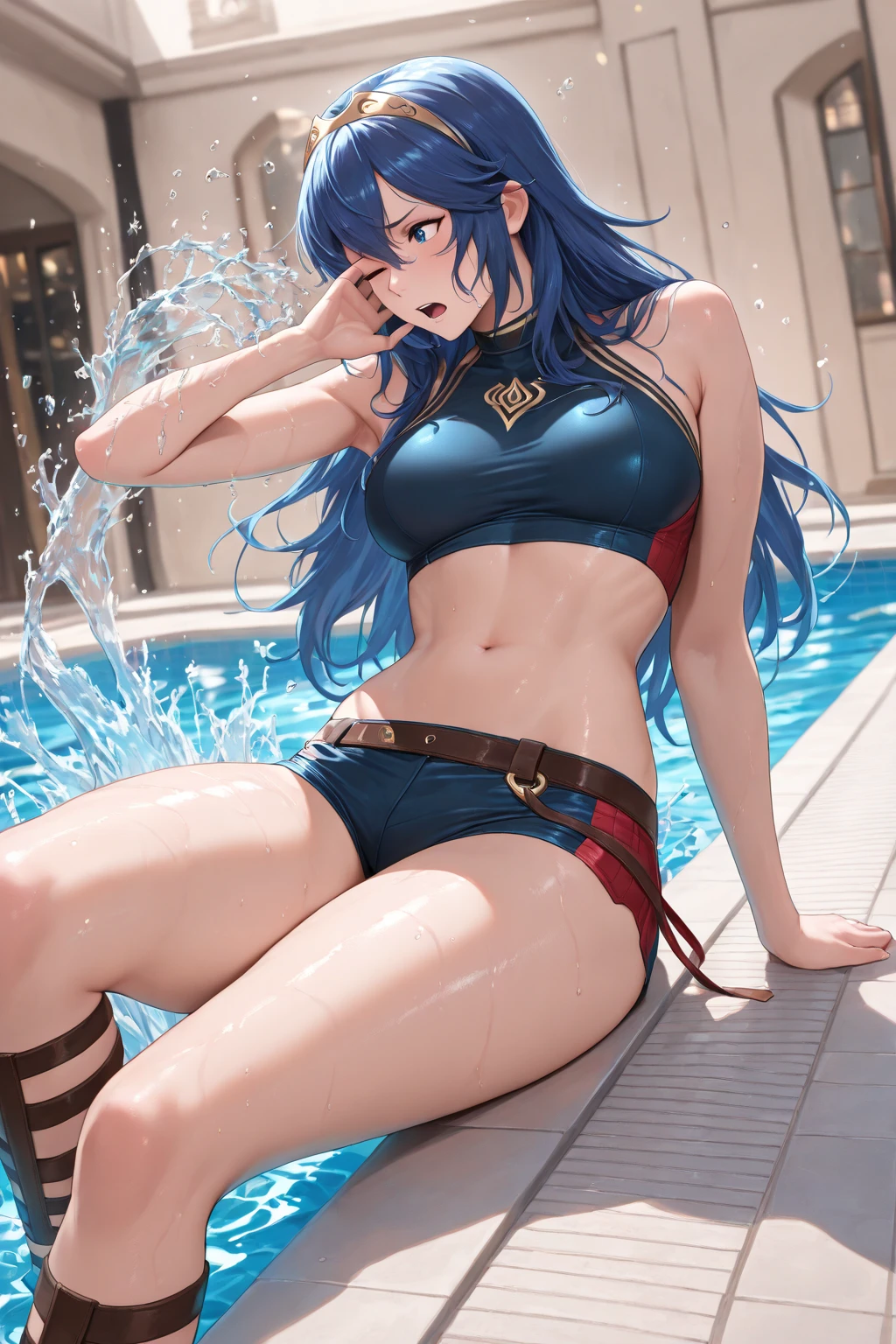 Minya Johnson, Mini Yaemori, long hair, bangs, black hair, blue hair, (purple eyes: 1.1), multicolored hair, blunt bangs, highlighted hair, Ahoge, (wearing a very short and sexy bikini), black high heel shoes tall, muscular thighs, muscular abdomen, thin waist, wide hips, all wet with sweat, Looking at the spectators, (masutepiece: 1.2), best quality, high resolution, Unity 8k wallpaper, (illustration: 0.8), (beautiful Detailed eyes: 1.6), More detailed face, perfect lighting, extremely detailed CG, (perfect hands, perfect anatomy) mforah、Double teeth、show smiles、sitting on chair cross-legged,