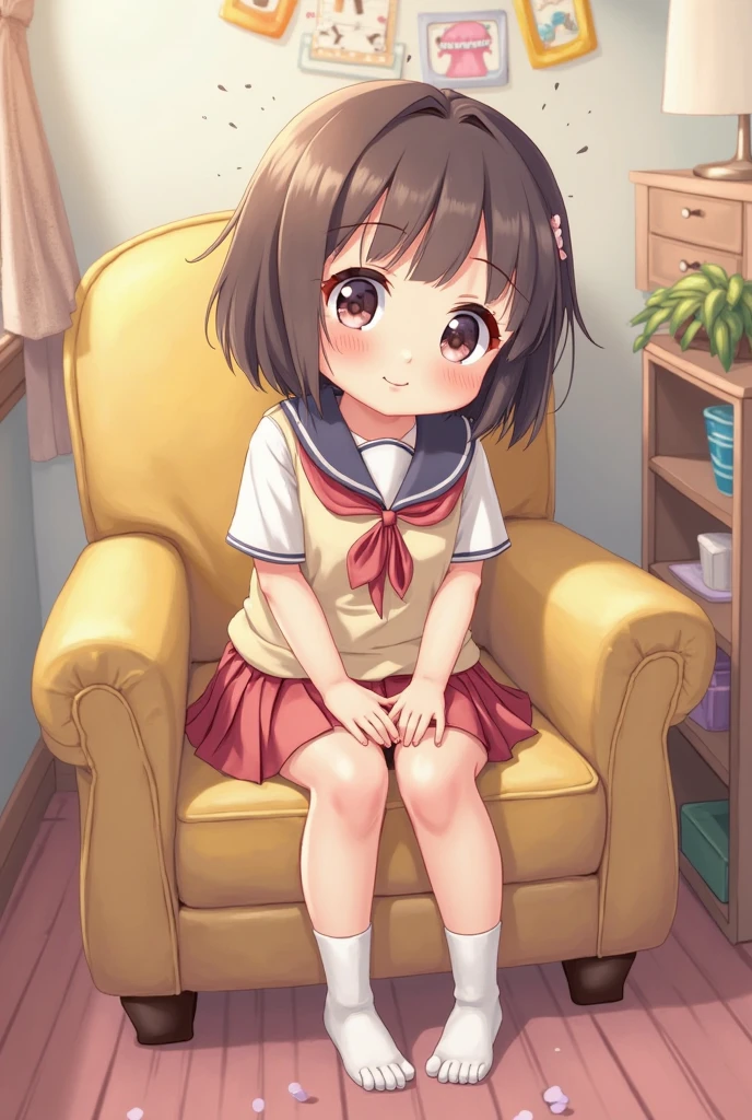 A 10-year-old fantasy anime girl in a wheelchair with an innocent and upward look at you standing, beautiful brown eyes that shine in the window light, long straight brown hair, young and fit body, pink top, small golden earrings A bracelet with colored beads on his left hand, white pants with yellow flowers.