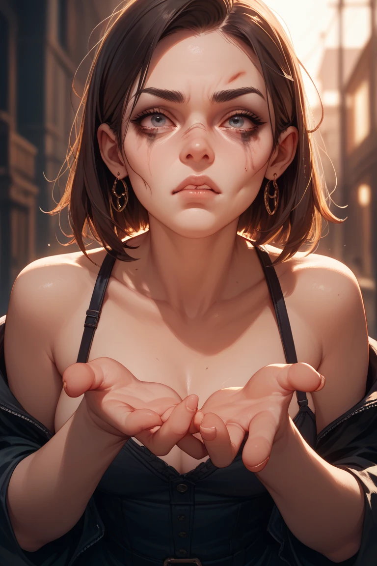 There is a woman Suspended with hands/arms bound by the chains/ropes, Arms Over Head, AOH, strung up, hanging, she wear tanktops, and showing sweaty armpits