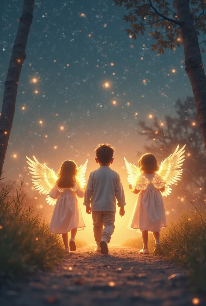 A boy dancing withe many angle girls in the green background in the star sky night