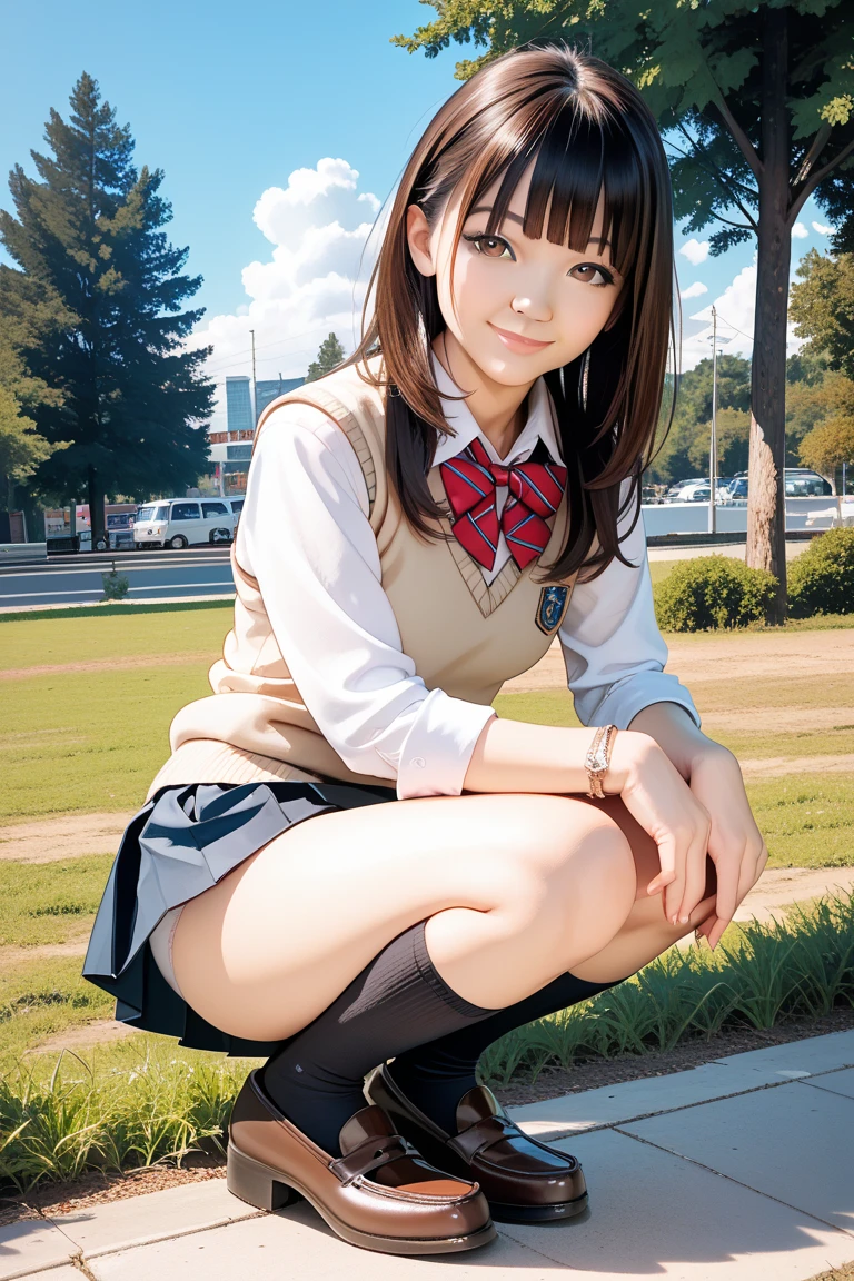 (8K high resolution), (Highest quality), (RAW quality),(Tabletop:1.2), (Realistic), (Realistic:1.37), ,Big eyes,Long eyelashes,（Live-action realistic style）,The ultimate face,Realistic Light and Shadow,Distinct facial features,,Fair skin, ）,Best Portrait,Close-range shooting, 1 girl, cute,Beautiful attention to detail,Highly detailed skin,(Beautiful face with double eyelids), (realism: 1.4),((Full body image))  ,Fine and beautiful face,(Beautiful Face 1.4),Mid-length hair,((Japanese junior high school students wearing uniforms)),(Make eye contact with your audience),(Laugh a little),In a park rich in nature,Sit upright on one knee.,Her skirt is rolled up.、The panties are perfect..,Pastel colored panties,I love showing my underwear to the audience,Show the audience your panties,(Japan Uniform),A beautiful face reflected in the light,Red lipstick,Dragging around the eyes,Very beautiful legs are attractive,A very bright world、((Flat Chest))、((Small Tits))、((Slightly enlarged chest))、((Still a young body))、((Skinny girl))、((14-year-old junior high school student))、((Petite Girls))、((Junior high school girl))、((Delicate girl))、((14-year-old girl))、((Wear loose socks))、((White loose socks))、((Junior high school girls))、((Pastel colored lace panties are visible))、((Gal Makeup))、