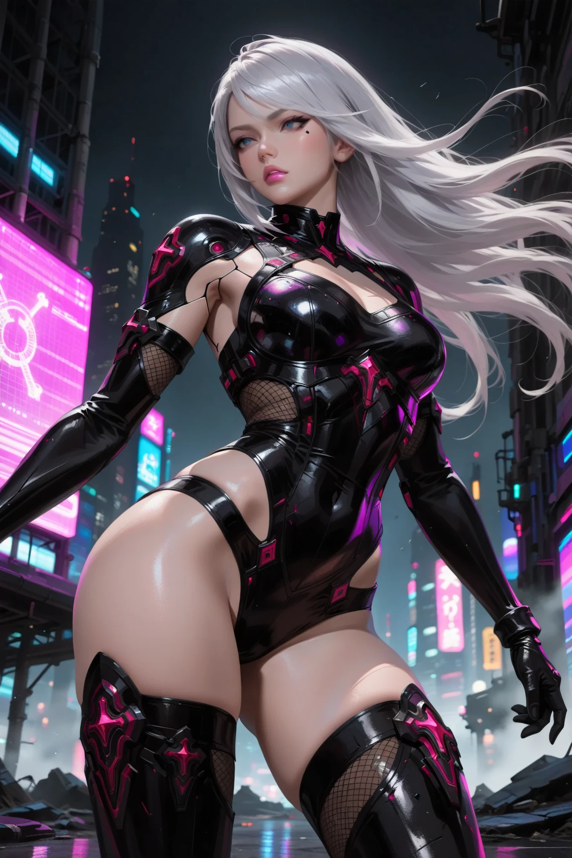 (sexy, silvered haired hair dragongirl:1.1), (cyberpunk, futuristic) girl with striking silver hair in a sleek and edgy cyberpunk world, (detailed, expressive) eyes glowing with a mysterious allure and (lips:1.1) painted in a vibrant shade of red, (reflected in neon-lit streets) as she confidently struts her way through the futuristic cityscape. She wears a (form-fitting black leather) outfit with (luminescent circuit patterns) that accentuate her sleek and powerful figure. Her hair flows in a wild and untamed manner, reminiscent of fiery dragon scales. The (urban setting:1.1) is filled with towering skyscrapers adorned with holographic billboards and (futuristic vehicles) zooming past, emitting trails of vibrant lights. The city is bathed in a mixture of (deep blue and purple hues), adding a sense of mystery and allure to the scene. (Best quality, 4k, highres:1.2), with (ultra-detailed:1.1) attention to every aspect, capturing the intricate details of the cybernetic enhancements on the girl's body, the reflection of lights on her metallic outfit, and the gritty texture of the urban environment. The scene is illuminated by a combination of (harsh neon lights) and (subtle moonlight), creating a play of shadows and highlights that enhance the cyberpunk atmosphere, leather bikini