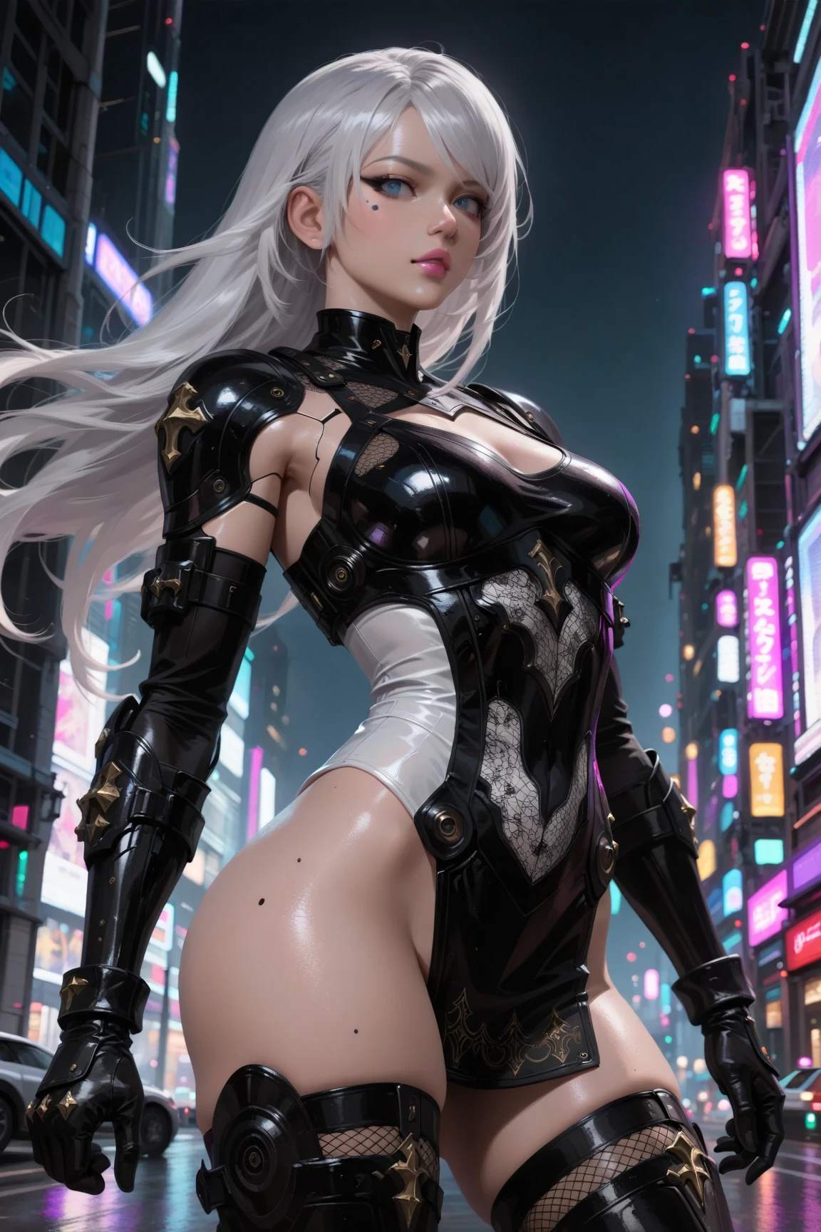 (photorealistic:1.8, highest quality:1.8,8K masterpiece:1.8,High resolution,muste piece:1.8,RAW Photos,cinematic lighting),No split screen, cyber punk、Back alley of the city at night、rain-soaked ground、vapor、 (1 android girl:1.3)、Completely naked、full body tattoo、choker、beautiful breasts、shirt、denim shorts、beautiful butt,beautiful thighs,plump nipples、Nipples are visible through the costume,cameltoe,Body painting with a pop design drawn all over the body、pop art design、cutting edge fashion、conceptual art、 (Beautiful, shining pale-white, gray-gold hair:1.5)、Wistful