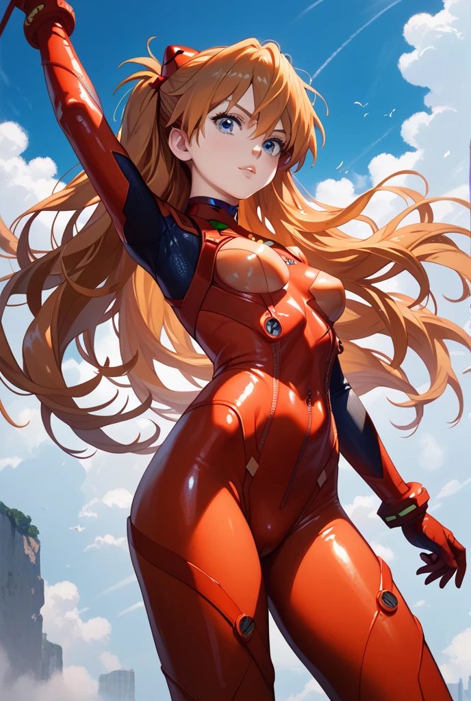 ((Asuka Langley Sohryu)), ((extremely detailed 8k illustration)), high resolution, (extremely detailed and hermoso background), pintura ultra detallada, professional illustration, Ultra-precise representation, Ultra-detailed rendering, (hermoso and aesthetic:1.2), hdr, (profundidad de campo:1.4), vistoso, vivid, hermoso detailed glow light particles, intrincado:1.4, buenas manos, manos perfectas, (mujer), Detalles de la cara:1.2, cara bonita, (Blue eyes), Hermoso rostro, ojos bonitos, ojos brillantes, labios delgados, pale and sharp eyebrows, long eyelashes, Long lower lashes, double eyelids, ((Asuka de Evangelion)), ((traje eva 02 de latex rojo con fuerte brillo metalico y superficie lisa)), highly detailed hermoso face and eyes, ((sonrisa, mirando lascivamente)), mirar al espectador, evento, (exquisite lighting and shadow), dynamic angle, DSLR, Sharp focus: 1.0, Maximum clarity and sharpness