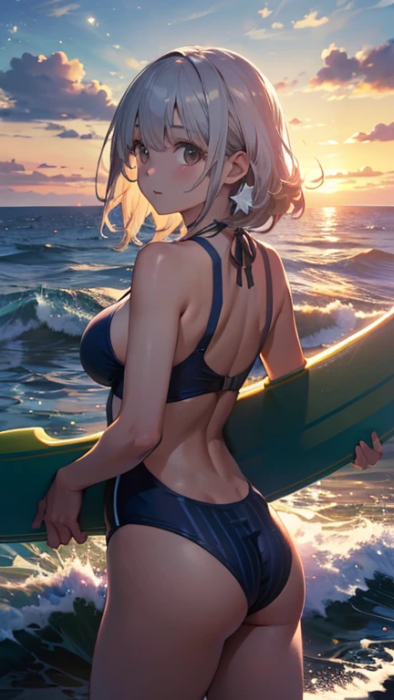 A woman with silvery bob hair and blue eyes, Swimwear, Cheeky Smile, Condescending look, Gazing at the viewer, Highly detailed and realistic, masterpiece quality, Very detailed, High resolution, Vibrant colors, Physically Based Rendering, (Muscular), (Thick thighs:1.3, Big Ass:1.3), Summer Sea、The Sunshine、surfingをしている、surfing、Big Waves、coastal, (((Wet body))), (((Sweat))), surfingして波に乗っている
