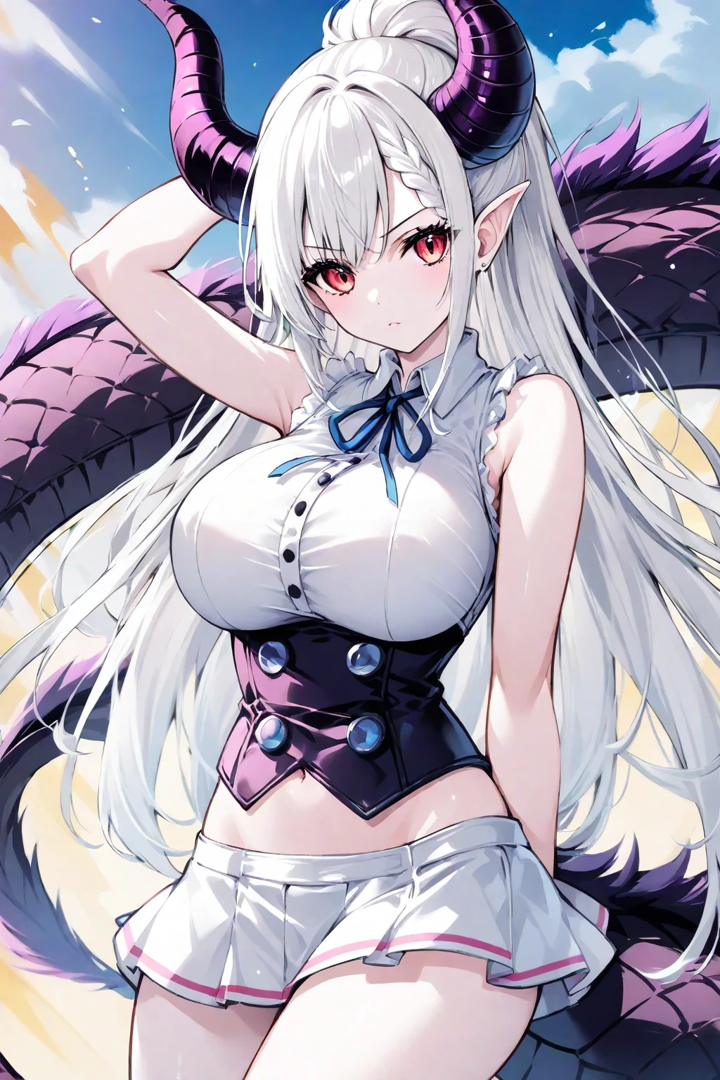 masterpiece, best quality, 1girl, <lora:kwFemale_Beta40-SDXL_v1:1>, white, chinese dragon, sky, cloud, cleavage, stomach tattoo, nipple piercing, waifu