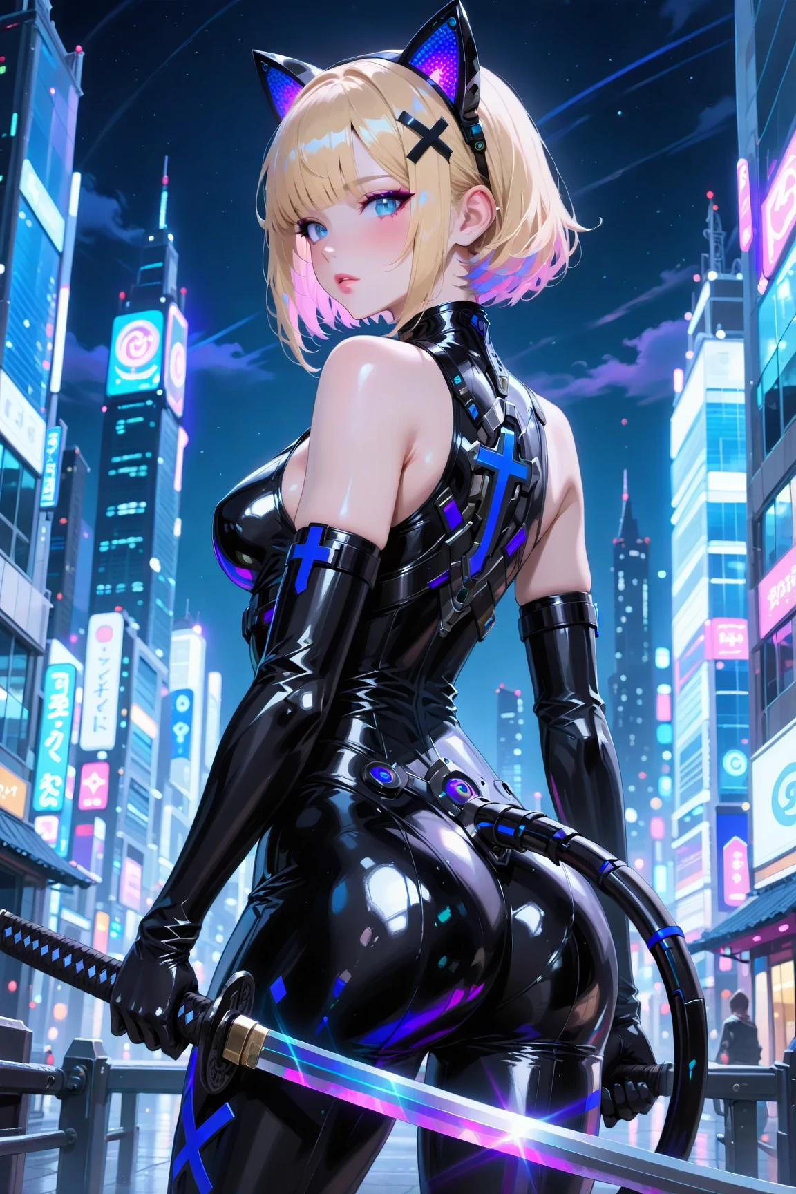 (best quality, 8k, highres, photorealistic:2.0), (solo, one girl:2.0),(lighting: front),(lighting: strong),(Russian Beauty:2.0),(very muscular girl:2.0),(bodybuilder girl:1.5),(shiny skin:1.5),(oily skin:1.5),(platinum blonde hair:1.5),(Squat down with both knees up and spread your legs apart:1.5),(raise both arms behind your head:1.5),(high heels:1.5),(lewd girl),(cyberpunk location:1.9),(((Wearing purple latex long sleeve tight dress))),