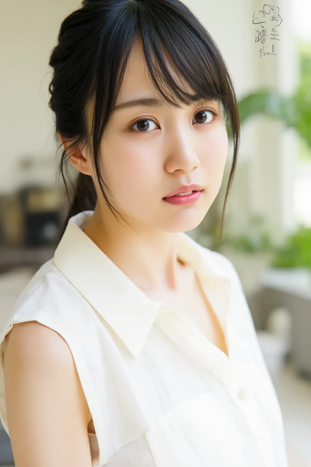 Masterpiece, High quality, High resolution, Create a high-quality, realistic portrait of a skinny 30s Japanese woman who is shrugging her shoulders in an embarrassed manner. She should have a slight blush on her cheeks, with a shy and hesitant expression on her face. Her shoulders are slightly raised, and her body language conveys a sense of shyness and modesty. She has light brown eyes, brunette hair styled in a short bob, and is wearing a simple, elegant outfit. The background should be neutral and soft, emphasizing her expression and pose.