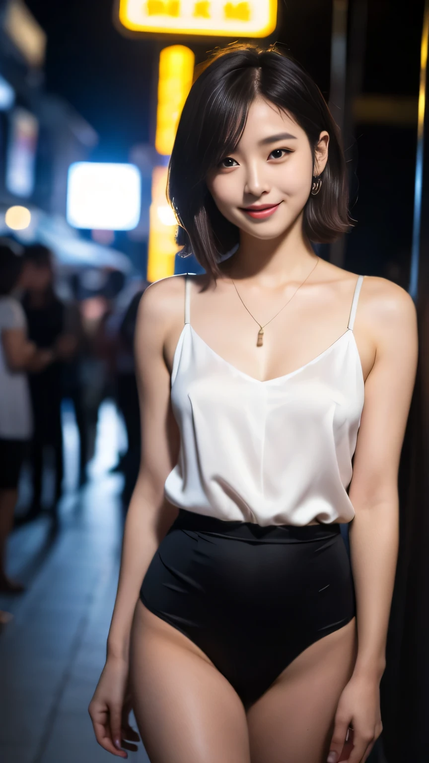 (Full body:1) of a young girl, SAINT LAURENT Long Linen Skirt, neon light all over the city, ((happy facial expression)), short fringe hair, ultra detailed photograph, (photorealistic),(masterpiece :1), (best quality:1), ultra high res, (detailed eyes), (detailed facial features), HDR, 8k resolution, (lens flare:0.5), light from far behind, <lora:QueenRosa:0.5>
