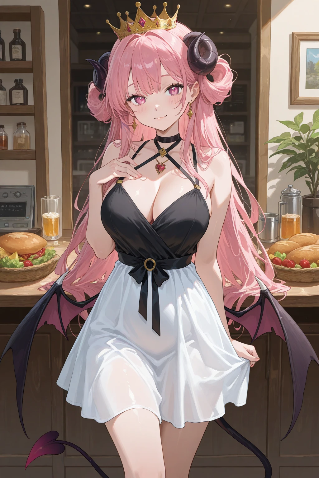 Perfect face, Perfect hands. A pink haired female cowboy with violet eyes with an hourglass figure in a sheriff's outfit is drinking at the saloon with a big smile
