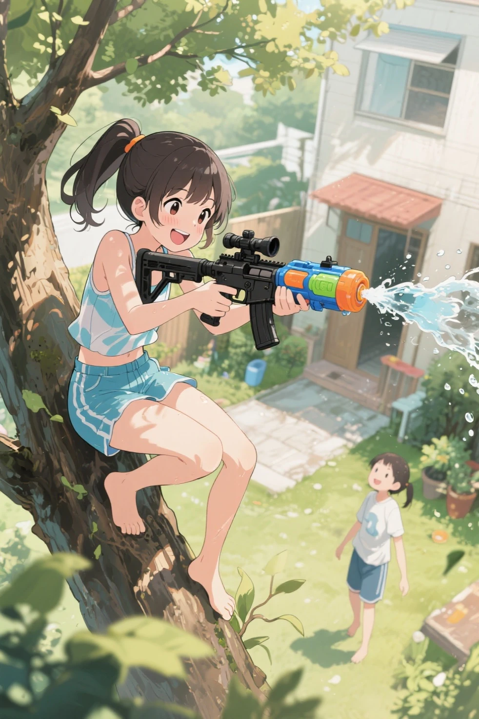 Highest quality、masterpiece、beautiful、detailed、Year: 12、Black hair twin-tailed female elementary school student、In the forest with a shrine、Pouring sunlight、Dynamic pose、Spraying water with a water gun、Angle from below、smile、Slim figure、(Wet and see-through clothing:1)、covered erectile nipples、camisole、Striped underwear、(cameltoe:1)
