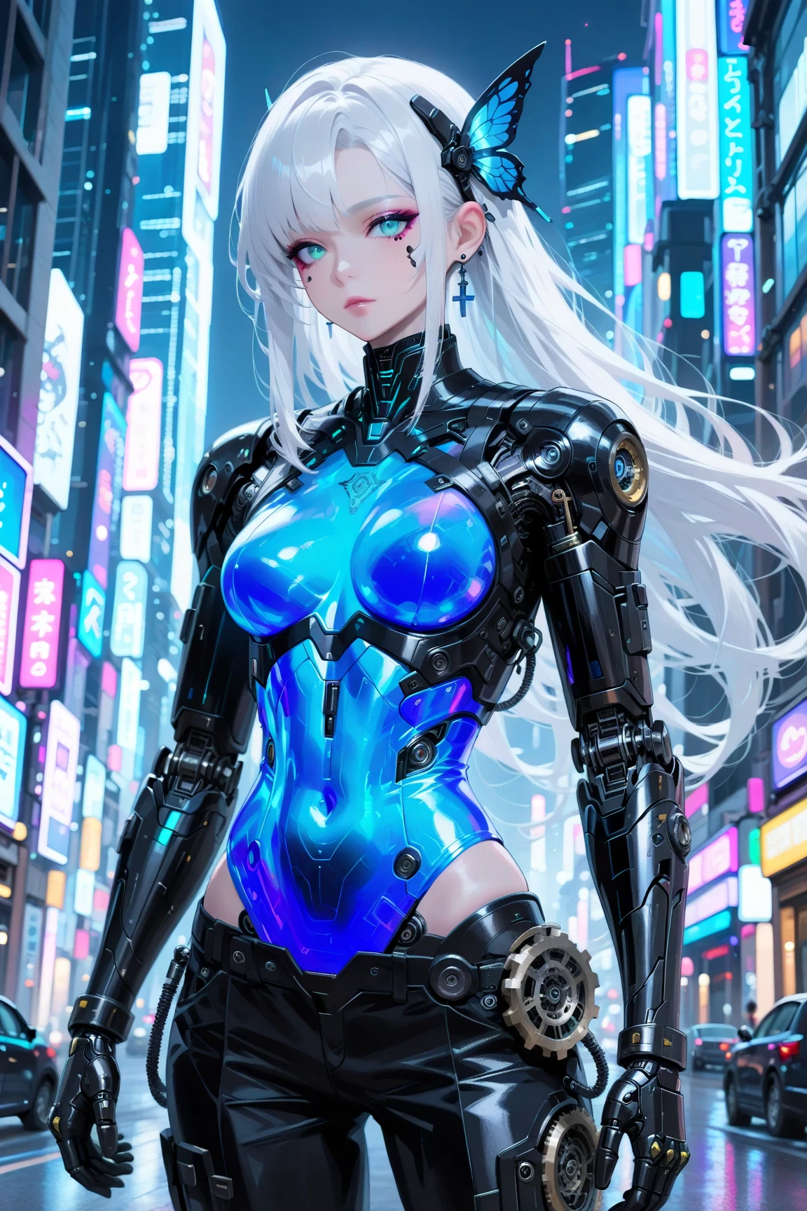 Solo exhibition,ultra fine photos,1 girl wearing tight futuristic black latex combat suit with white jacket,Smooth black suit,black iconic character,Smooth black skin,Black body,PVC,Glossy latex clothing,Rubber suit,Rubber belt，collars,((Futuristic full-face helmet)),Futuristic rubber gloves,Futuristic high boots,Glowing blue band,Cyborg Man,roboticparts,machine arm,mechanical leg,Arm and leg cuffs, watchband,Cyberpunk world,Have a gun,A blue virtual screen is projected near the head,((blue dimanond tatoos on the crotch:1.3)),(athletic body:1.2),(standing on silver floor:1.2)+(On the floor, a huge city appears upside down like a reflection in a lake:1.3)+[(Inception:1.2)], very best quality， tmasterpiece， offcial art， Unified 8k wallpapers， super detailing， tack sharp focus， dynamicposes， body parts， There are no extra limbs， Precise anatomy