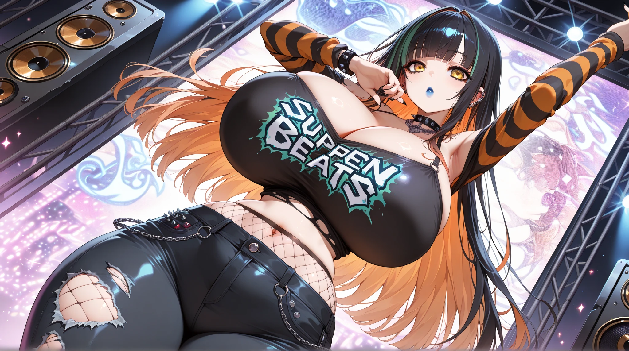 (masterpiece), (highest quality), (illustration), (super detailed), (high resolution), absurdity,1boy,solo,headphones,gaming chair,computer keyboard,desk,game controller,holding game controller,indoors,monitor,looking at viewer,black bikini top,navel,long hair,orange bikini bottom,mind control,hypnotized,empty eyes,blue eyes,ahegao,blush,curvy,huge breasts,blonde hair,triangle pendant