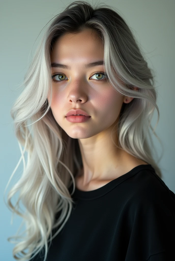 A teenager with long silver hair and expressive green eyes ,against a light background 