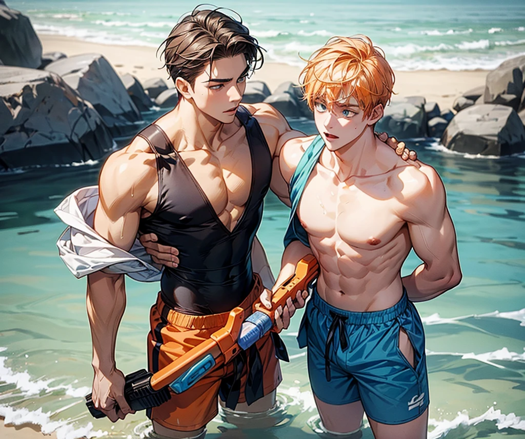14 and 15 years old, Two cute silver-haired brothers aged 14 and 15 argue in the middle of the desert in blue male swimsuit
