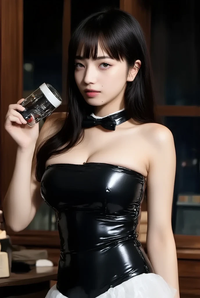 pretty girl, Standing in front of the blackboard, Tight sleeveless cutie, Lower body ultra short skirt, Exposed arms, exposed shoulders, Exposed stomach, Navel exposed, (Giant Milk: 1.5), Long tube suspender stockings, Looking at the viewer, Don't hold anything in your hands, Don't show cleavage.