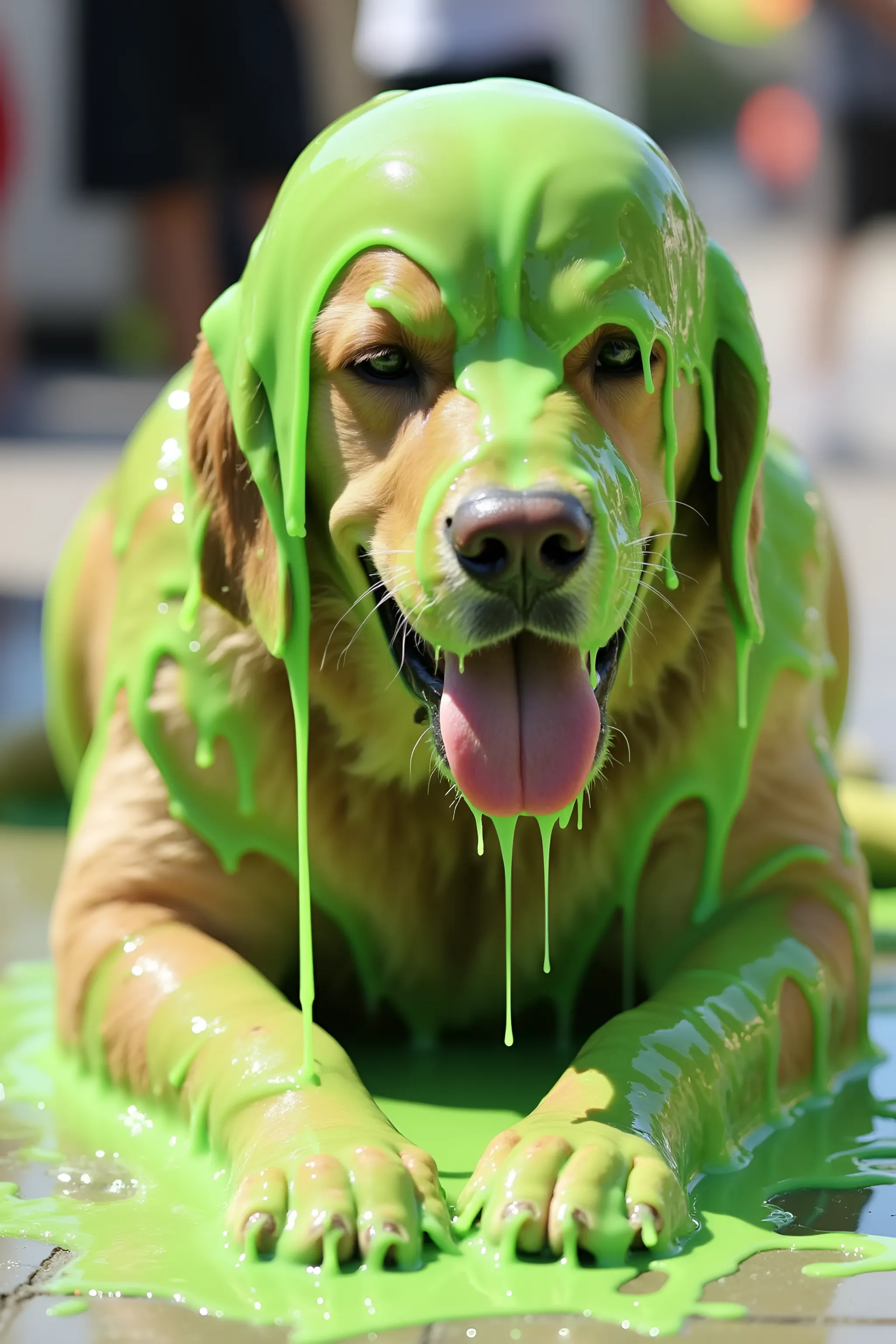 Dog eats green slime, and the slime is growing!