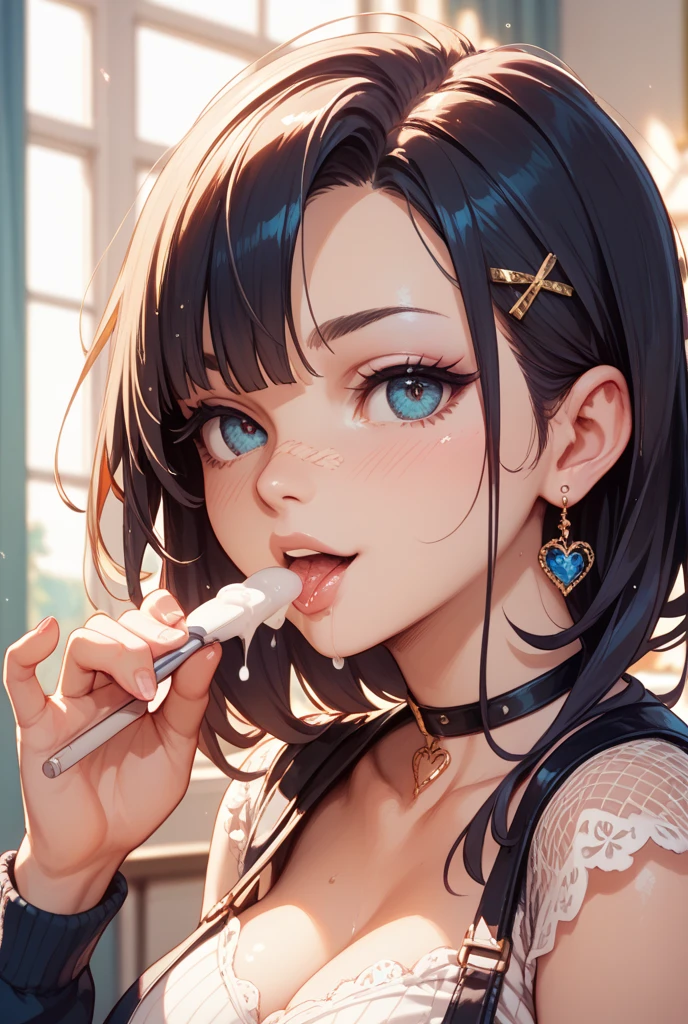 Girl, black hair, blue eyes, beautiful, strapless mint dress, pastel colors, face close-up, flat, ponytail, sucking a green lollipop, lipgloss, brat