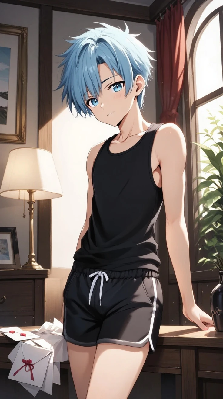 Anime guy sixpack, wearing tanktop, arms up, sweaty armpits in sauna