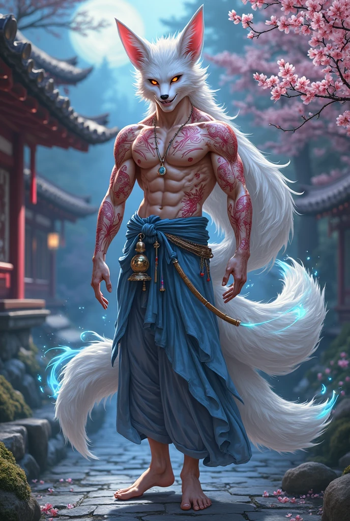 ultra-detailed, masterpiece, masterwork, high quality, best quality, hdr, japanese style, (night, bathing in hot spring), nsfw, male, solo, werewolf, (nude,), (white little body werewolf), (long hair), yellow eyes, side view, dynamic angle, wet body, (foreskin, perfect balls)