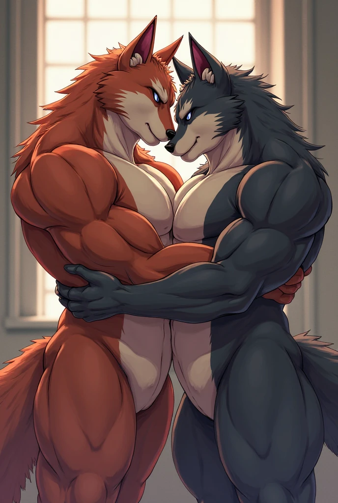 Two muscular furries with short shirts talking, muscular big biceps and delicious and big chests with short shirts, two muscular men, both furries like professional athletes with short shirts, one of the two furries takes off his shirt, he is strong, hot and delicious, he is like a world professional, the two muscular furries kiss each other, their biceps are sweating and their chests are 
