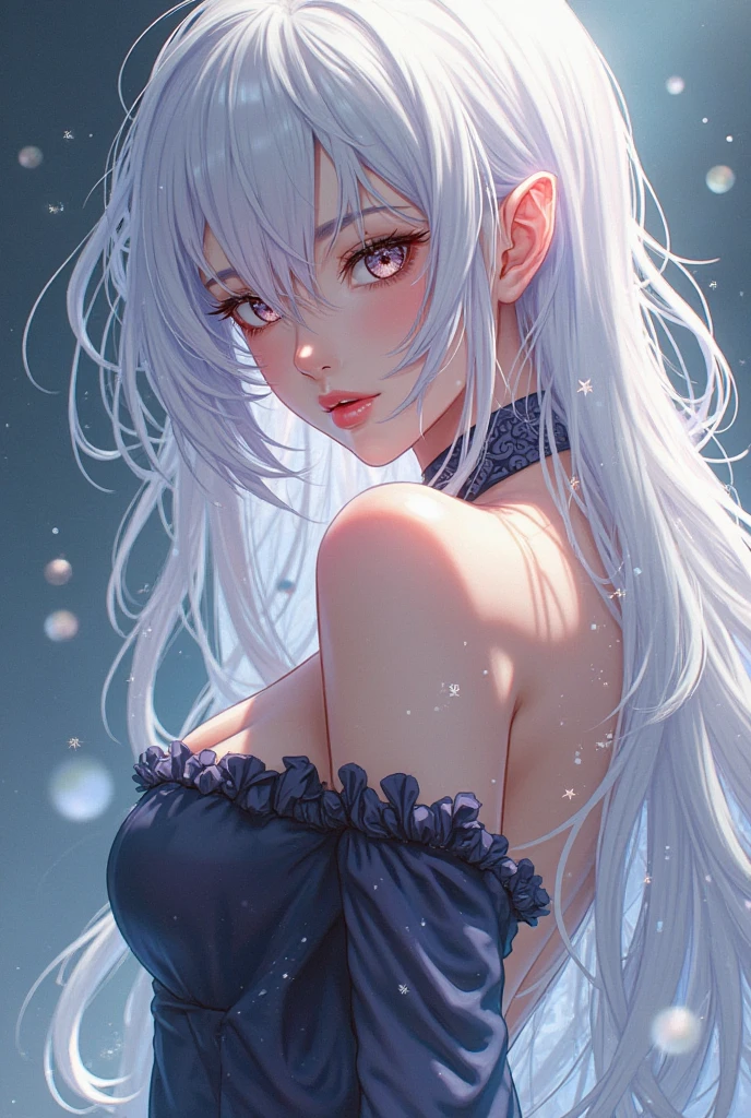 hyper-realistic of a mysterious woman with flowing silver hair, piercing blue eyes, and a delicate floral crown, laying on the water, whole body