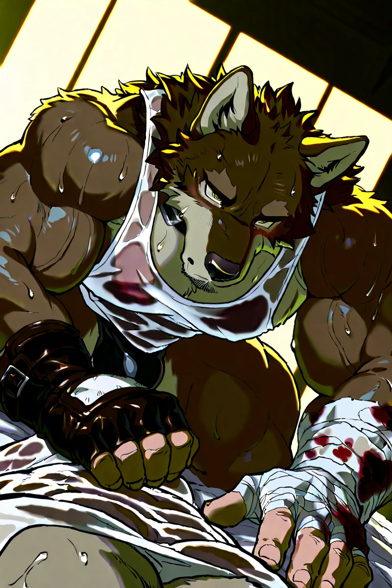 score_9_up, ((adult)), (gryphon:1.2), (male, dragon scales, black scales), with Center parted shoulder length hairstyle, (wearing military clothes, armor, pants), (damaged, injuries, hardcore, blood, flash, broken limbs, bones, gore, body in blood:1.5), (battle scene), action pose, show legs, scene background
