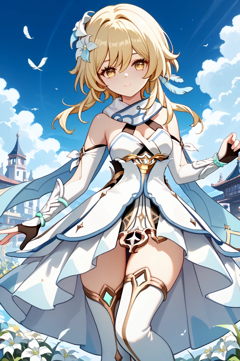 (masterpiece)、(highest quality)、(Super Detail)、(Best Anatomy)、Official Art、 Light-colored hair、 Shoulders are exposed、Small breasts、Exposing breasts、Exposed thighs、Starry Sky、Mysterious、Fantasy
