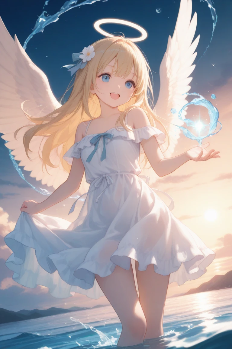 Young girl, blonde hair, blue eyes, angel wings on her back, white dress, blue sky, white clouds, gentle smile, angel wings