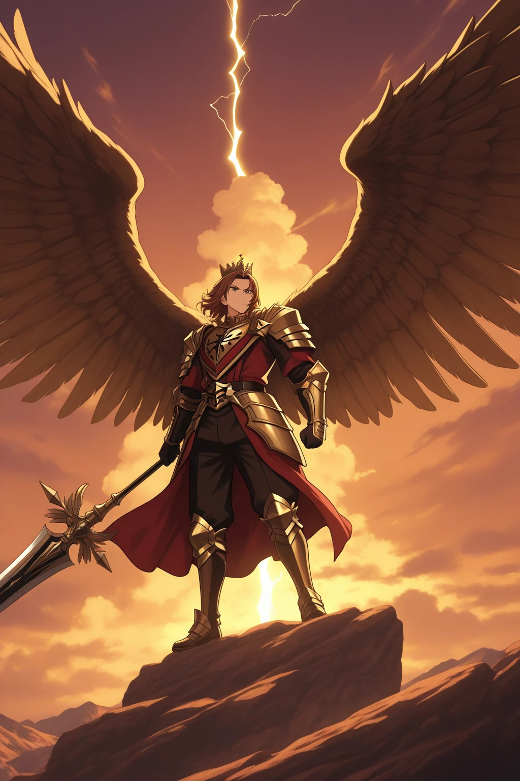 Arcanjo Gabriel, um homem musculoso, vestindo uma armadura de ouro vermelho com detalhes dourados, vibra pacificamente durante uma chuva de meteoros, tocando uma trombeta de chifre de ouro, melhor qualidade, alta qualidade, altamente detalhado