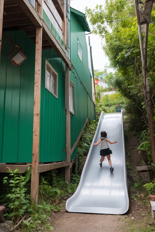 Girl in pajamas descending down a slide to a three-story container box