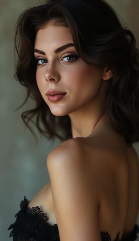 photo of a 25 years old european girl, RAW, beautiful woman, (wavy brown hair), (blue eyes), ((portrait)), (( perfect ???????)), (busty), ((detailed face:1.2)), ((detailed facial features)), (finely detailed skin), pale skin, (naked), (((busty))).   (vivid colors), damp, moist, reflections, (masterpiece) (perfect proportion)(realistic photo)(best quality) (detailed) photographed on a Canon EOS R5, 50mm lens, F/2.8, HDR, (8k) (wallpaper) (cinematic lighting) (dramatic lighting) (sharp focus) (intricate) fashion, realistic skin texture, POV, Nikon d850, film stock photograph,4 Kodak Portra 400, camera f1.6 lens, rich colors, ultra-realistic, hyper-realistic, ultra-detailed, hyper-detailed, ((perfect face, perfect body), RAW photography, realistic skin texture, lying