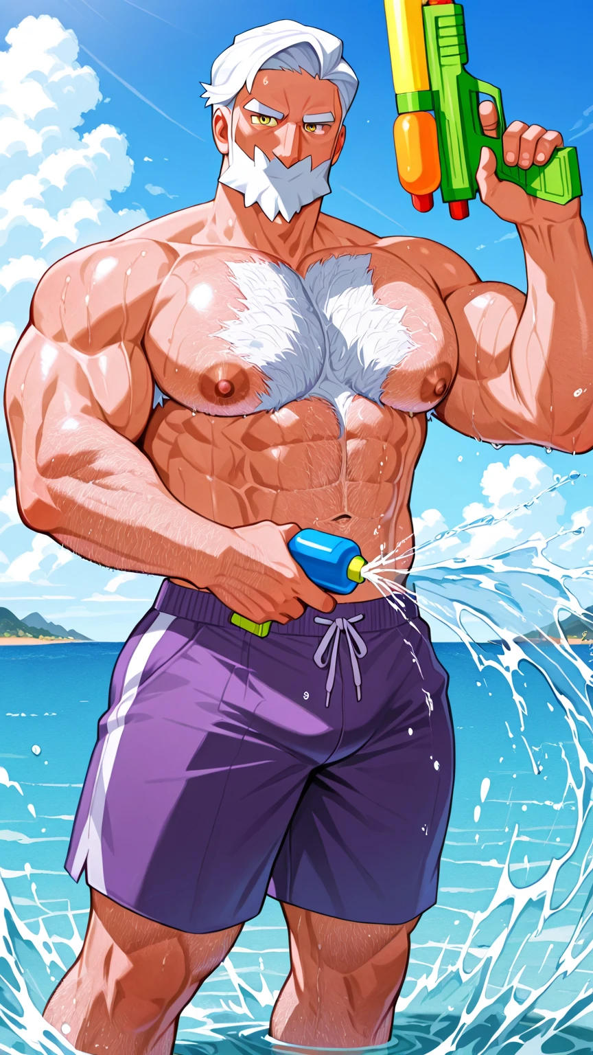 1boy, very tall man, sidepec, mazjojo, muscular male, muscular, bara, solo, looking to the side, annoyed, mature male, short hair, beard stubble, undercut, stubble, (uzumaki_naruto:1.5), blonde_hair, spiked_hair, blue eyes, parted lips, white background, simple background, best quality, amazing quality, best aesthetic, absurdres, year 2023, big muscle, strong waist, huge biceps, huge pectorals, very tall, thick thigh, large hands, hyper muscle, brown skin, abs, nsfw, huge penis, cum, projectile cum, naked, nude, steam sweat, hairy, girthy penis, sparse chest hair, strongman waist, erection, long penis, thick penis, hand_on_penis, masturbation, penis_grab