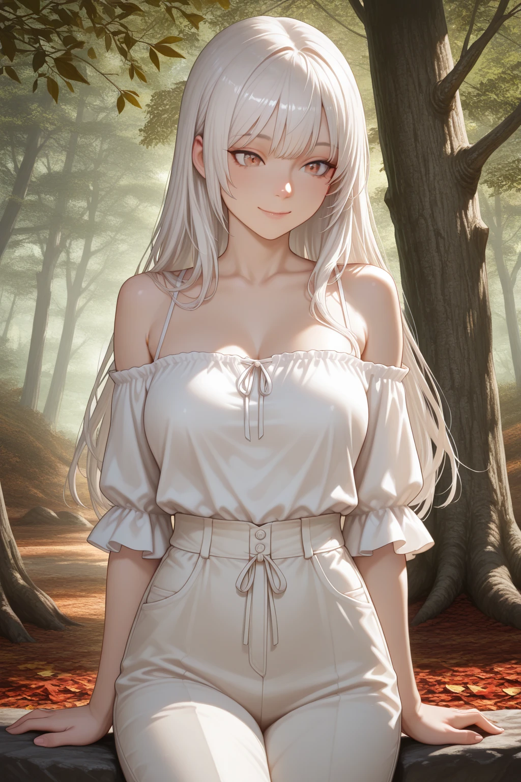 masterpiece, best quality, ultra-detailed, beautiful detailed eyes, extremely detailed eyes and face, 1girl, kurehaclyret, hair ribbon, blue t-shirt, orange skirt, ((large breasts)), standing, looking at viewer, smiling, forest, cowboy shot, upper body, <lora:Kureha_Clyret_v1:0.75>