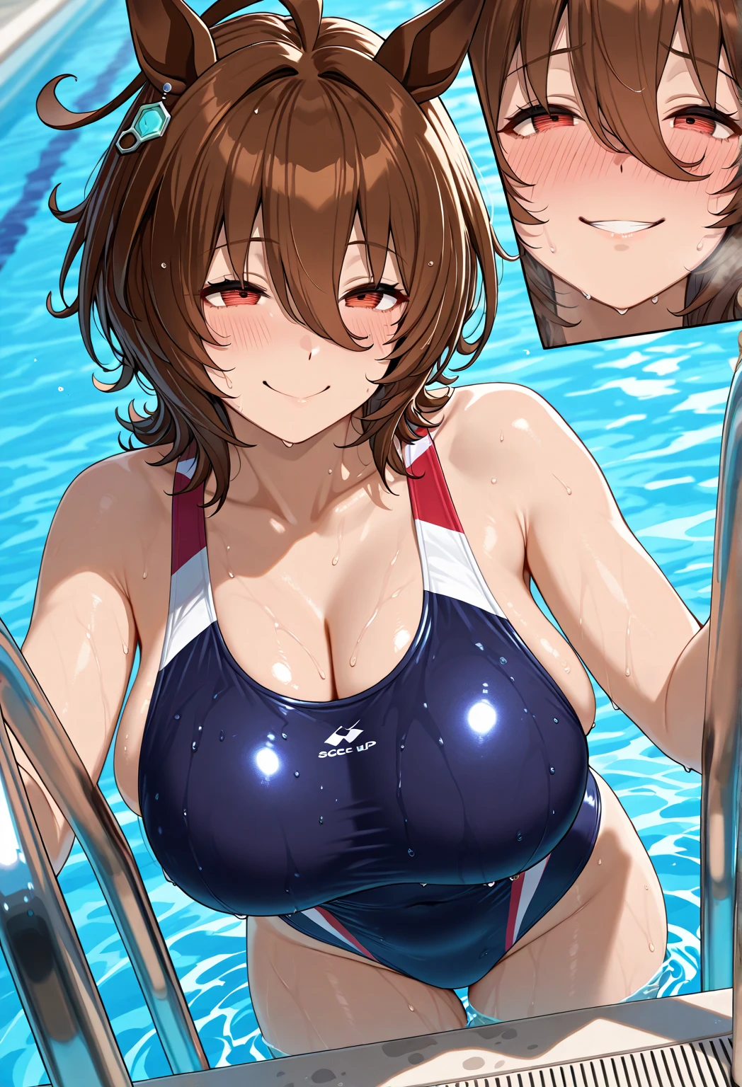 Highest quality,masterpiece,Dark brown hair,female teacher,Pool lessons,Sexy Swimwear,Working hard for the boys