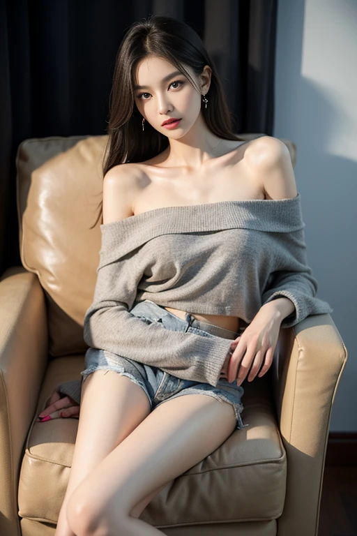 absurdres, RAW photo, extremely delicate and beautiful, masterpiece, Best Quality, ultra high resolution, 32k, hyperrealistic, ultra-detailed, detailed description, pale skin, 20 years old, detailed beautiful face and eyes, tearful mole, earring, Colossal tits, short medium hair, wavy hair, full body shot, alone, shirt, skirt, bare legs, bare shoulder,
